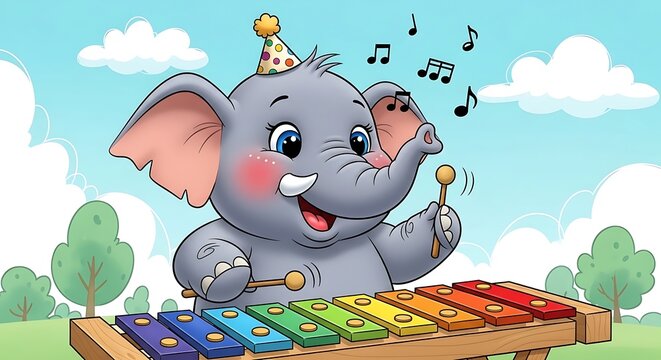 Happy elephant playing xylophone outdoors.