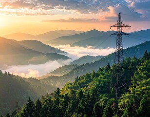Obraz premium A breathtaking panoramic view showcases rolling hills blanketed in morning mist, illuminated by a golden sunrise, with a solitary power line tower standing sentinel over the landscape.