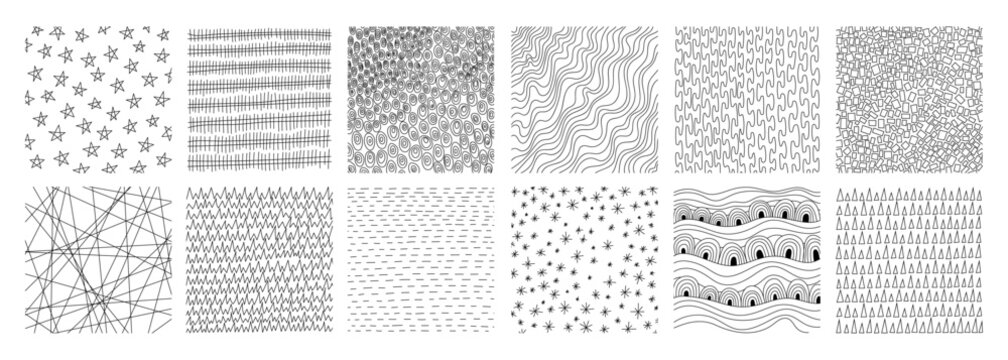 Hand-drawn crosshatch patterns with organic lines and pencil textures vector illustration set. Sketch-style hatching creates depth through diagonal strokes and cross-line shading techniques.