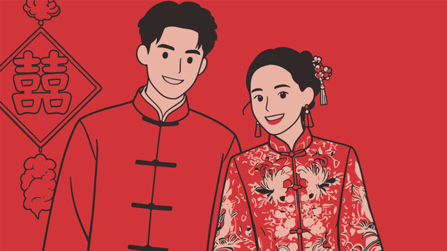 Chinese Newlyweds in Traditional Red Wedding Attire