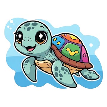 Cartoon turtle with colorful shell swimming.
