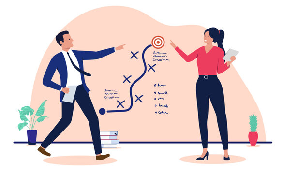 Professional business man and woman planning strategic path to goal on wall chart, corporate team collaborating on roadmap to reach target and success, flat design vector illustration