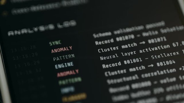 Technical analysis log showing system data synchronization and anomaly detection