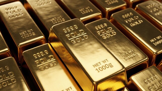 Stack of fine gold bars 999.9 purity weighing 1000g each for investment