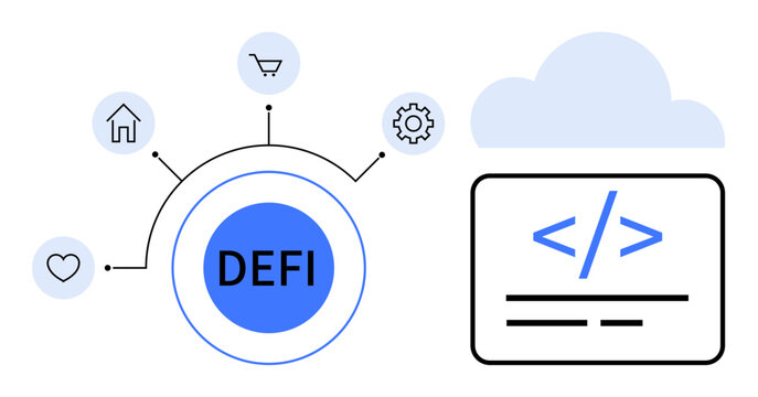 Blockchain, fintech, decentralized applications, cryptocurrency transactions, cloud storage, open banking. DEFI highlighted with icons for home, shopping and settings. Blockchain and fintech