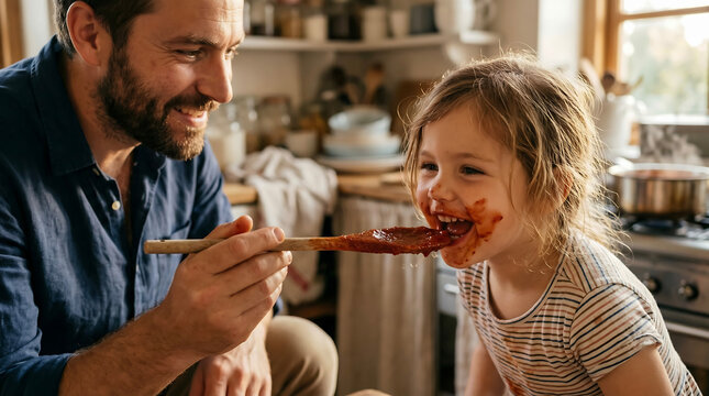 Joyful father feeding sauce to his happy daughter, enjoying a fun cooking session together in the kitchen