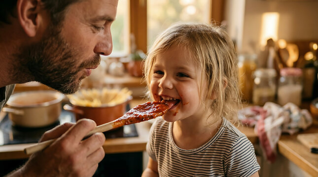Father feeding a happy, messy toddler with a spoon of tomato sauce in a kitchen