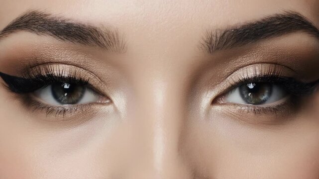 Close-up of female model's eyes showcasing makeup details with defined eyeliner and lashes, highlighting the natural beauty in a well-lit studio setting
