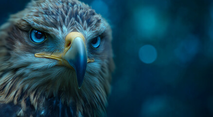 Naklejka premium close-up of an eagle's head, yellow beak blue eyes 