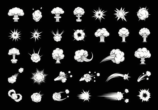 Comic Explosion and Smoke Effects Set - White Cartoon Impact and Mushroom Cloud Icons on Black Background
