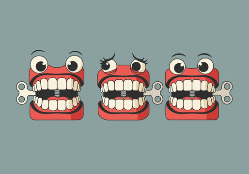 Funny Wind-Up Chattering Teeth Illustration: Set of Three Vintage Toy Dentures with Expressive Eyes