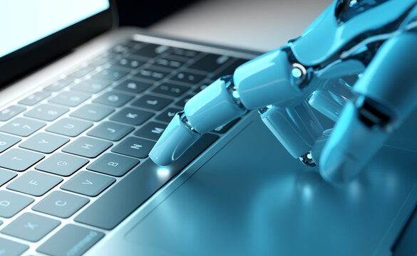 Robot using a laptop. Cyborg hand pressing a keyboard with his finger. 3D rendering