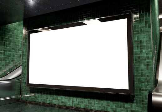 Large blank billboard on dark green underground wall. Horizontal hoarding mockup in subway station. 3D rendering