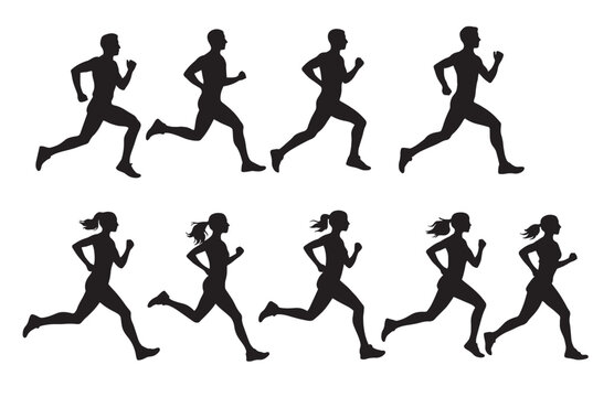 Running man and woman silhouette set, athletic joggers in motion sequence, black vector icons of people sprinting and exercising on white background