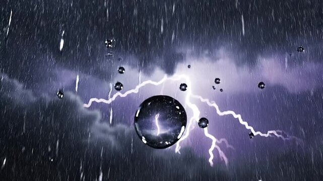 A dramatic scene of a lightning storm with heavy rain and a large water droplet reflecting the powerful electric discharge.