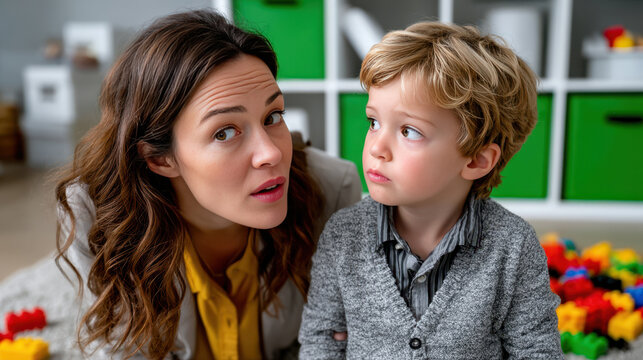 Mother talking to surprised child in colorful playroom with toys for parenting article background and family counseling banner design