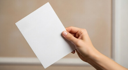 Obraz premium Hand Holding Paper Flyer Mockup in Neutral Beige Interior Space