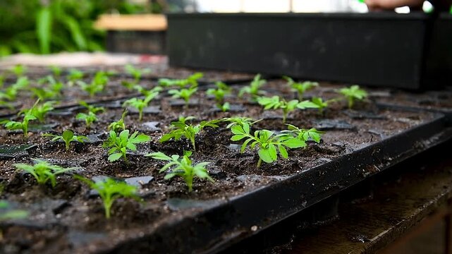 Close-up of human hands with small plants in the process of sowing in the soil in a greenhouse or nursery.