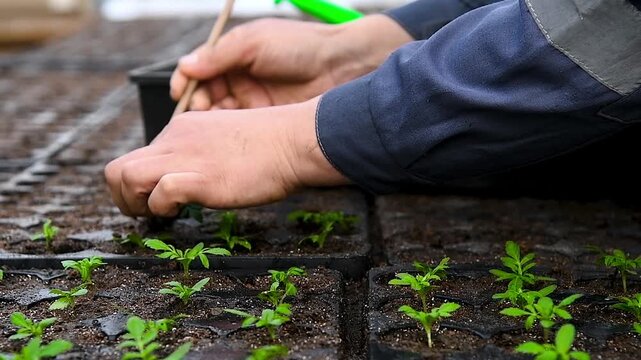 Close-up of human hands with small plants in the process of sowing in the soil in a greenhouse or nursery.