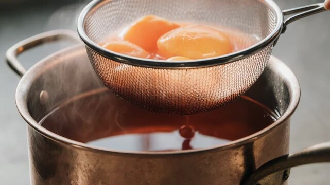 Copper pot filled with steaming liquid on a kitchen countertop as a strainer with orange ingredients hovers above, ready for pouring into the pot