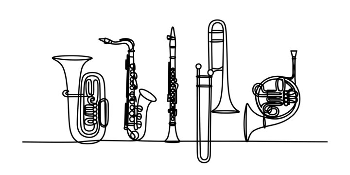 A collection of various musical instruments drawn in a continuous line art style on white background Vector, illustration
