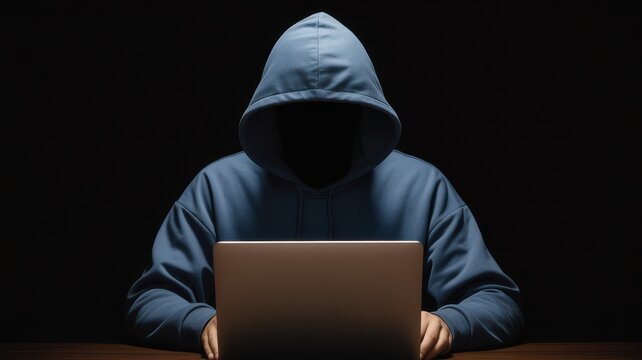 Anonymous hacker wearing blue hoodie using laptop in dark room