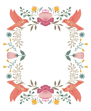 Vector hand drawn frame with animals in folk Nordic Scandinavian style. Birds, flowers and tree branches in floral wreath