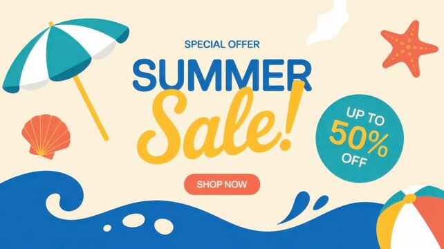 Summer sale promotional banner featuring beach umbrella starfish seashell and ocean waves