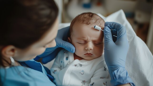 National Speech-Language-Hearing Month:A gentle nurse performing a newborn hearing screening test on a sleeping baby in a hospital nursery, tiny probe placed near infant's ear