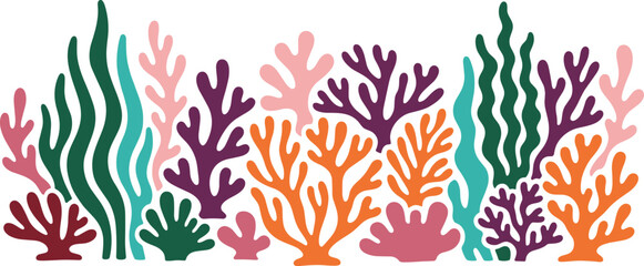 Vibrant flat vector illustration of colorful marine coral reef and sea plants. © Akter