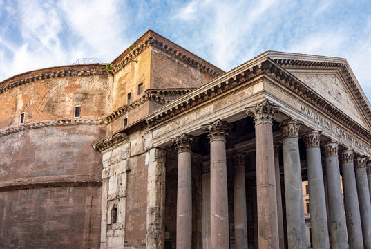 Pantheon building in Rome, Italy; translation: "M(arcus) Agrippa, son (F) of Lucius (L), Consul (COS) for the third time (Tertium), built this"