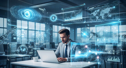 Fototapeta premium Corporate professional interacting with AI-powered data analytics system, automation dashboard, and machine learning interface in modern digital office setting (7)