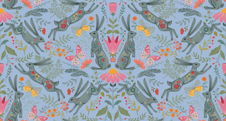 Fototapeta premium Vector seamless pattern with ornate hares, butterflies, flowers, plants forest tree branches. Folk art floral natural endless background.