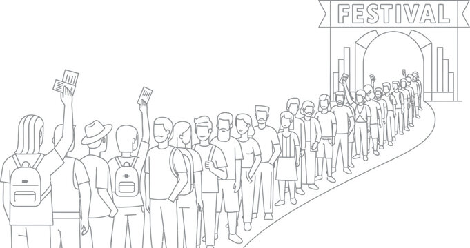 Excited people standing in a long winding queue waiting to enter a large music festival with tickets raised high in their hands showing joy and anticipation for the coming live event.