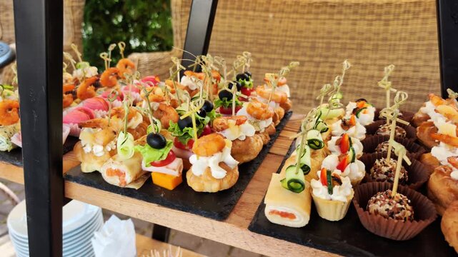 Assortment of gourmet canap s, including shrimp-topped pastries, salmon rolls, olive skewers, and chocolate treats. Elegant culinary presentation for party.