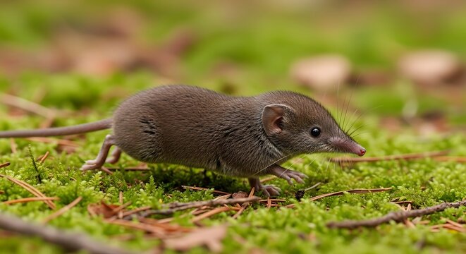Small brown shrew walking on green mossy ground with twigs and leaves