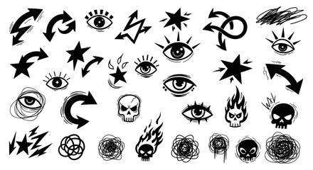 Fototapeta premium punk, doodle Tattoo, icons, symbols, black, vector graphics isolated on White Background grunge, sketch, icons
