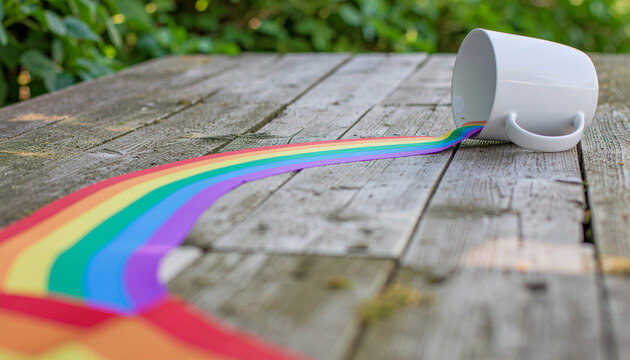 Rainbow Liquid Ribbon Spilling from White Coffee Cup on Wooden Surface
