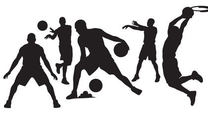 Basketball player silhouettes set, male athletes playing basketball in various action poses, black vector figures of sports men dribbling and dunking © Adnan