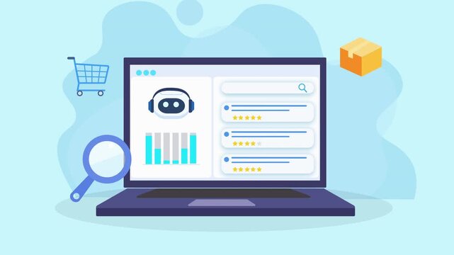 Animated video of a laptop displaying an AI dashboard with charts, coin and growth icons, and data insights, representing financial analytics, automation, and productivity tools.