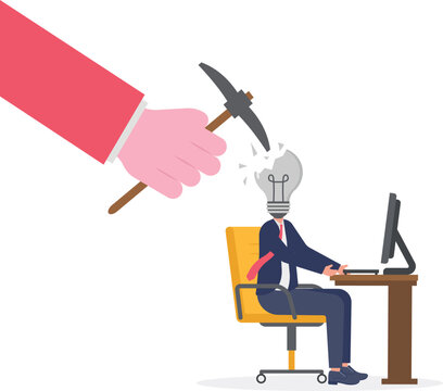 Giant hand hammering a light bulb on a professional's head