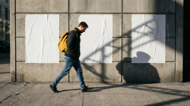 Urban street scene with a man walking past a concrete wall, three blank white posters offering copy space, and dramatic shadows, ideal for advertising mockups and city life concepts.