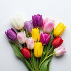 Fototapeta premium Vibrant spring tulip bouquet in soft natural light on neutral background