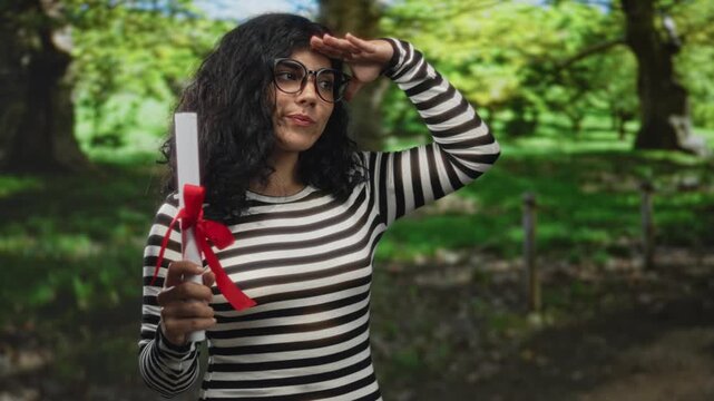 Woman holding diploma scroll in forest setting wearing glasses and striped top, hand gripping ribboned scroll; achievement pride.