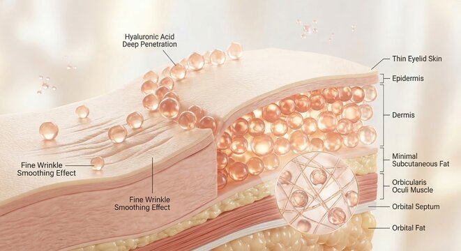 Eyelid skin cross-section: hyaluronic acid deep penetration for fine wrinkle smoothing with anatomical layers of epidermis and dermis