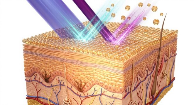 Body skin cross-section: SPF barrier against broad-spectrum UVA and UVB radiation