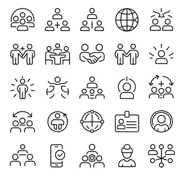 Team Collaboration and People Management Line Icon Set &mdash; HR Networking and Workforce Communication Vector Symbols for Organizational Structure Design