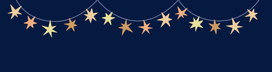 Naklejka premium Star light garland string hanging on long banner background. Christmas decoration strand, festive holiday starry lamps, bulbs chain, glowing sparkling electric decor. Flat vector illustration