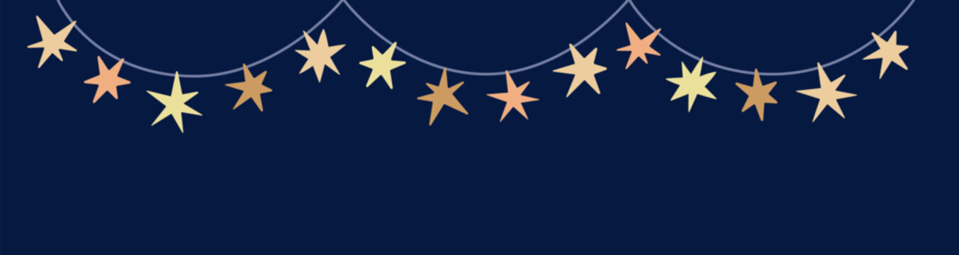 Star light garland string hanging on long banner background. Christmas decoration strand, festive holiday starry lamps, bulbs chain, glowing sparkling electric decor. Flat vector illustration
