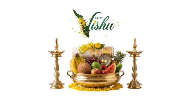AI Generated Happy Vishu Design with Kerala Map Shaped V, Vishu Kani Arrangement and Traditional Lamps